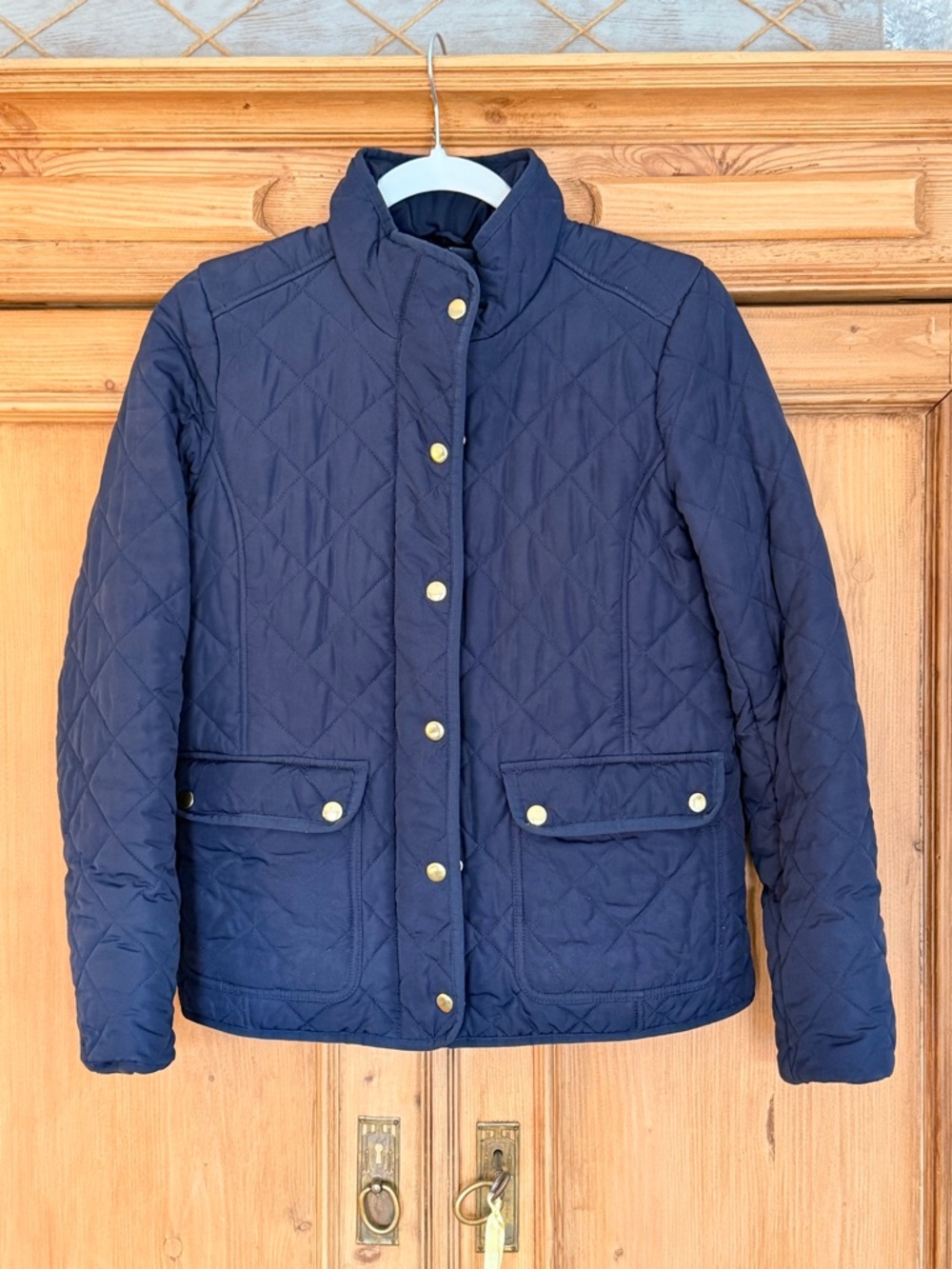 J. Crew Navy QuiltedJacket with Gold Snaps
